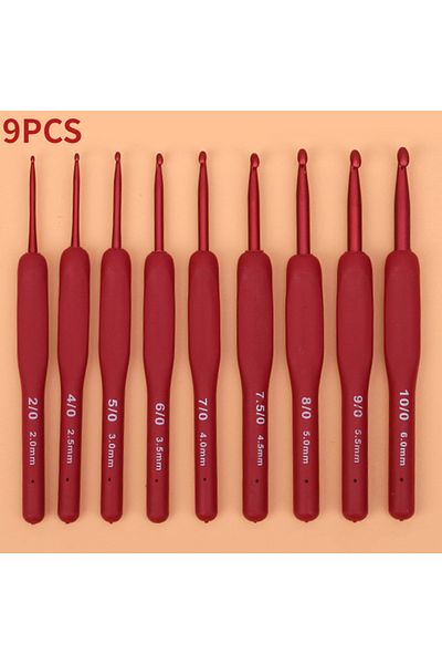 Choice 9pcs Set Red Crochet Hooks Needle Silicone Handle Aluminum Crochet Needle Set Knitting Needles Diy