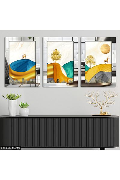 Evinemoda Pictură în oglindă din plexiglas din argint natural abstract 3 piese