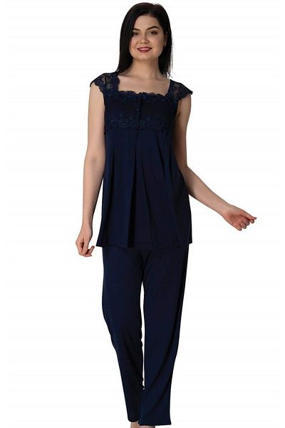 Pelin Women's Navy Blue Strap Lace Maternity Sleepwear Set