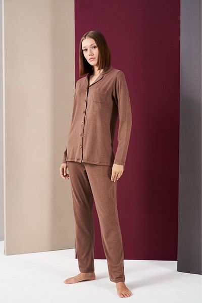 PJS 26032 Costum de pijama cu mânecă lungă cu nasturi lungi pentru femei