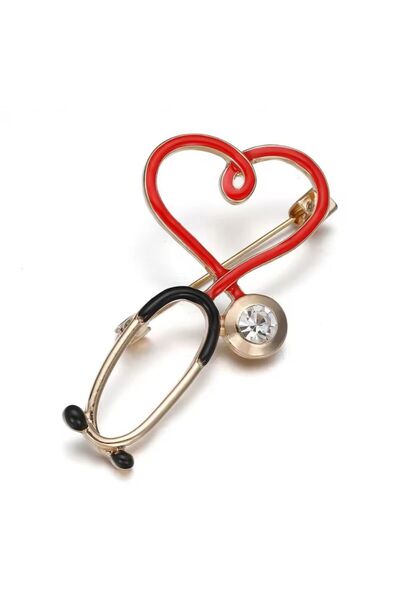 Rachel Silver Doktor - Hemşire Aksesuar Renkli Mineli Zirkon Taşlı Altın Renk Tasarım Steteskop Broş