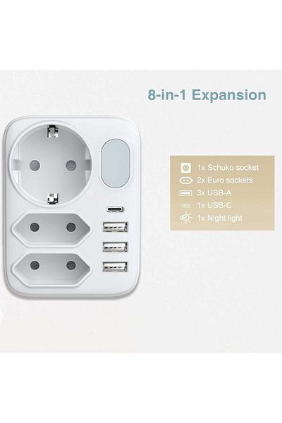 Choice 3 مقابس كهربائية متعددة 8 في 1 بيضاء اللون وموسعة لشاحن USB مع ضوء ليلي ومنفذ كهربائي