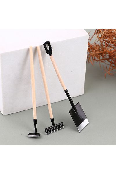 Choice Black 3pcs 1:12 Dollhouse Miniatures Gardening Shovel Rake Hoes Farm Tool Doll Decor Fairy Garden Ac
