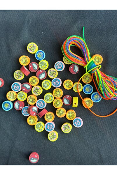 Bijumix Aksesuar 25 Adet Figürlü Fimo Boncuk 5 Metre Gökkuşağı Paraşüt İpi Ta...