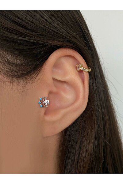 h&b design jewel Cerrahi Çelik Silver Mavi Hilal Tragus Piercing