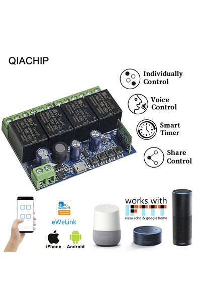 QIACHIP مفتاح واي فاي ذكي من eWeLink بمنفذ USB 5 فولت تيار مستمر 12 فولت وحدة تتابع عالمية 4 قنوات مفتاح لاسلكي مؤقت هاتف...