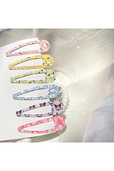 Choice 6pcs Sanrio Hello Kitty Cinnamoroll Kuromi Melody Cartoon Kawaii Girl Plush Hairpin Bangs Clip Cute