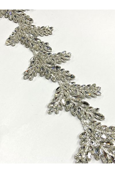 karantuhafiye Iron-On Stone Strip / 50 cm / Silver / Leaf Model / Crystal Stone
