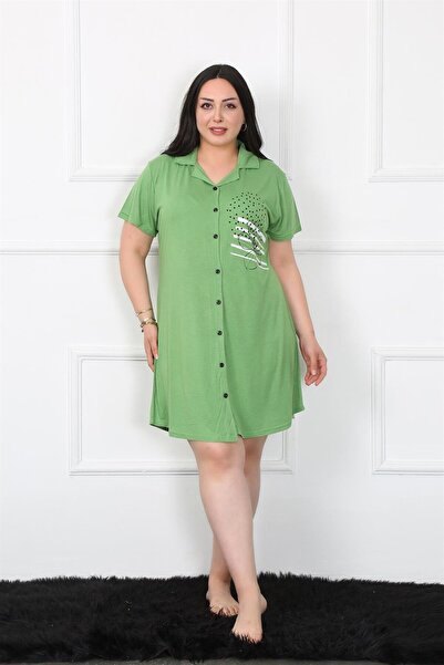 Akbeniz Green Large Size Combed Cotton Tunic Nightgown - Buttoned 1025