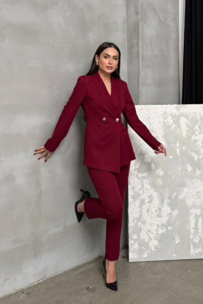 msm fashion Női kétrészes blézerkabát nadrágkosztüm, redős és gombos részletekkel ellátott csőszár