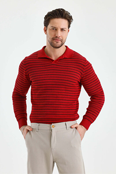BLUE STREET Erkek Patlı Slim Fit Çizgi Detaylı Uzun Kollu Polo Yaka Triko Kazak