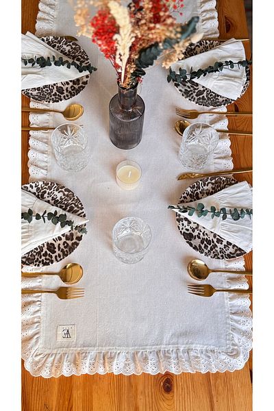 EVYA 40x110 εκ. Χτένισμα με βολάν Bohemian Doily - 100% βαμβακερό ακατέργαστο λινό δρομέας, τραπέζι φαγητού
