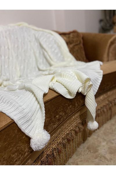 YGT Home Begonia 4 Pompom Knitwear Tv Blanket - 130X170 Knee Blanket, Sofa Shawl