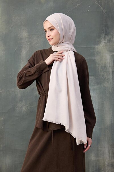 İpekhan Beige Silkworm Twist Pattern Cotton Jacquard Shawl 8009