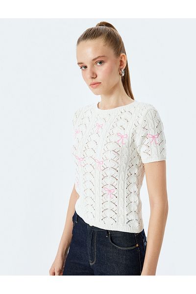 Koton Bow Short Sleeve Openwork Slim Fit Crew Neck Knitwear Sweater