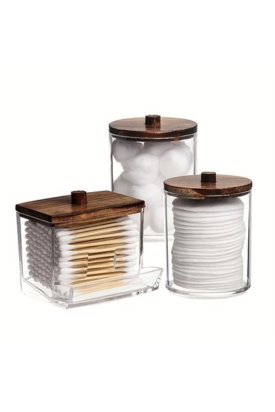 Choice Clear Wooden Lid 3pcs Swabs Holder Bathroom Container, Storage Box Cotton Ball/swabs Dispenser, Apot