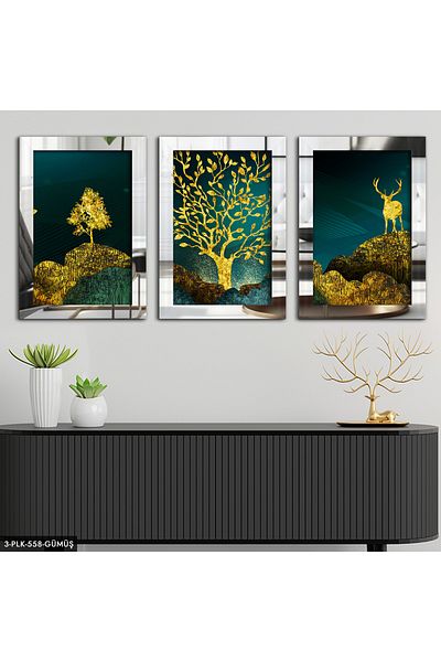 Evinemoda Pictură în oglindă din plexiglas din argint natural abstract 3 piese