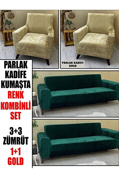 KILIFSAN PARLAK KADİFE KUMAŞ RENK KOMBİNLİ 2 ADET ÜÇLÜ & ÇEKYAT- 2 ADET TEKLİ...
