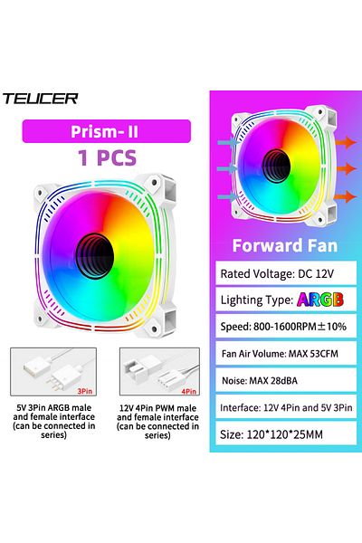 TEUCER A-rgb As Shows White-forward-1pcs Prism-2 1pcs/3pcs Argb Case Fan, 120mm Pwm 800-1600rpm 5v 3