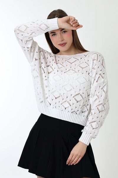 Devinka Women's White Patterned Openwork Knitwear Blouse