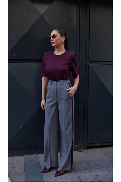 My Blog Gray - Burgundy Garnished Palazzo Trousers - 51092