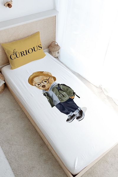 Tuğba Kuğu Single Fitted Sheet Set - Pure Baby Series - Teddy Bear with Glasses