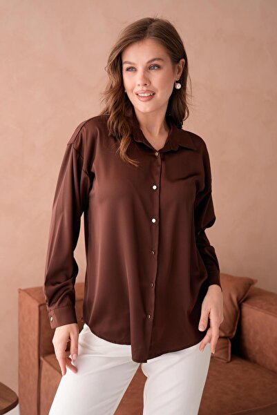 ZISHAN Düz Saten Kadın Gömlek Metal Düğme Detaylı 035