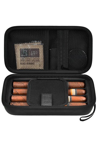 Choice Black Cigar Case, 4 Finger Humidors Cigars Box With Humidifier. Cigar Travel Holder For Cigar Cutter