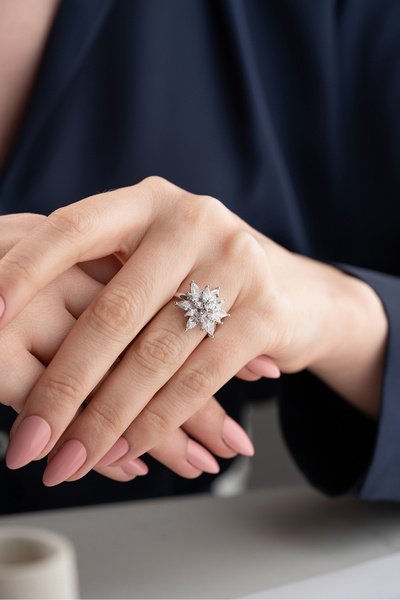 Silvano Jewelry 925 Ayar Gümüş Buzlu Beyaz Lotus Yüzük