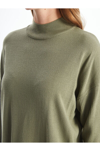 LC Waikiki Green Half Turtleneck Plain Long Sleeve Women's Knitwear Tunic