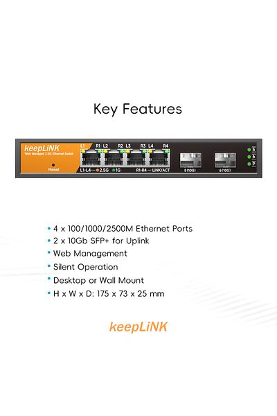 Choice مفتاح مع قابس الاتحاد الأوروبي Keeplink مفتاح مُدار متعدد الجيجابت مزود بـ 6 منافذ مع 4-2.5 جيجابايت Rj45 و2-10 جيجابايت SFP