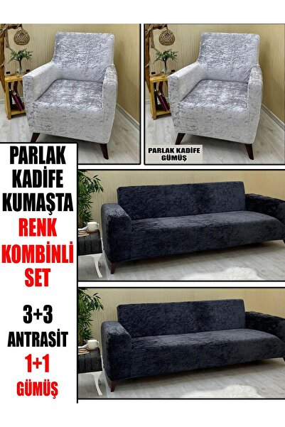 KILIFSAN PARLAK KADİFE KUMAŞ RENK KOMBİNLİ 2 ADET ÜÇLÜ & ÇEKYAT- 2 ADET TEKLİ...