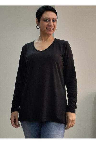 Mertcan Butik Black V-Neck Long-Sleeved Combed Cotton Viscose T-Shirt