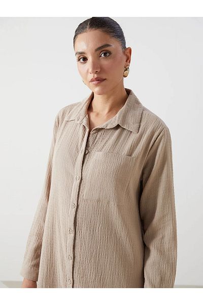 LC Waikiki Γυναικείο πουκάμισο φόρεμα LCWAIKIKI Classic Beige με υφή