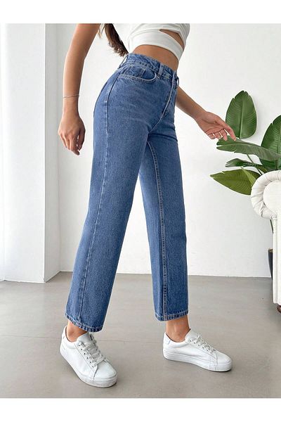 Noxter Pantaloni de damă din denim cu talie înaltă, spălat închis