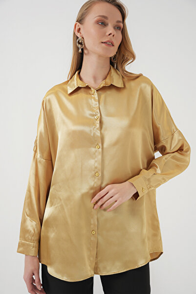 Bigdart 3985 Oversize Saten Gömlek - Altın Sarısı
