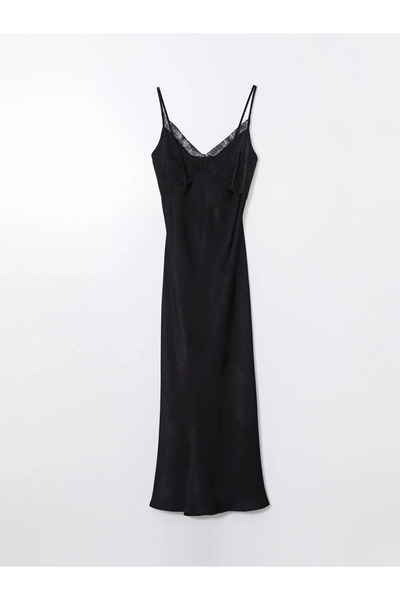 LC Waikiki Γυναικείο φόρεμα LCW Vision Μαύρο με λαιμόκοψη V με λεπτομέρεια από σατέν