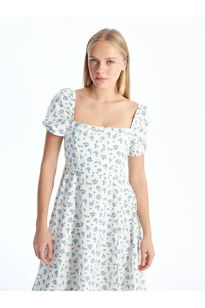 LC Waikiki XSIDE Rochie de damă cu decolteu pătrat albastru cu flori