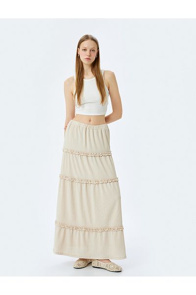 Koton High Waist Ruffled Midi Skirt with Elastic Waist Wrap