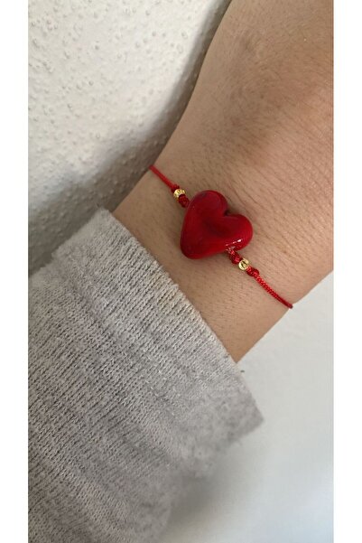BAE ATOLYE Sevgililer Günü Kırmızı Murano Cam Kalp Kırmızı Makrome Ip Bileklik