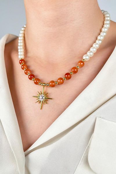 Sose Moda Pearl and Bead Necklace with Polar Star End - Orange