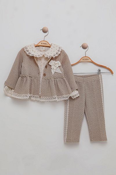 Bombili 3-Piece Baby Girl Set with Lace Collar, Elastic Waist, Jacket, Blouse, Pants Combination