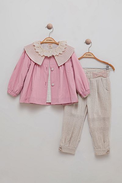 Bombili 3-Piece Combination Baby Girl's Set with Ribbed Muslin Fabric Shirt and Elastic Waist Pants Jacket