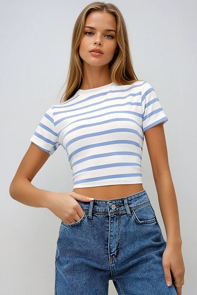 VAGGON Women's Blue Crew Neck Half Sleeve Striped Crop Blouse Prmx13348