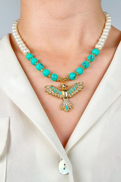 Sose Moda Pearl and Bead Necklace with Phoenix - Turquoise
