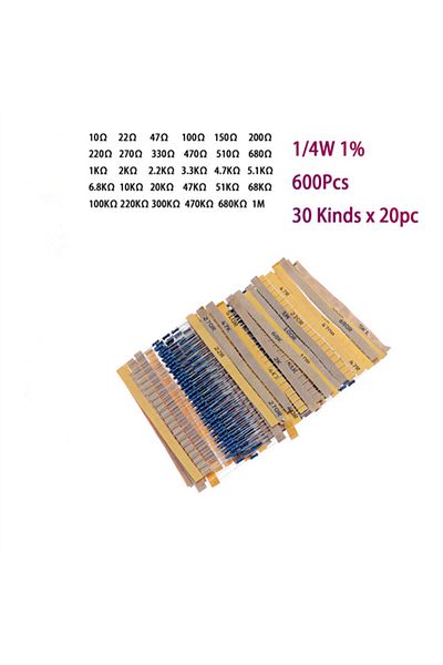 AOKIN 600pcs Set 600pcs/set 30 Kinds 1/4w Resistance 1% Metal Film Resistor Pack Assorted Kit 1k 10k 100k