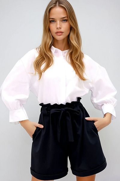 VAGGON Pantaloni scurți din Gabardină, negru mat, cu talie elastică, cu buzunar dublu, cu două picioare, Prmx8450
