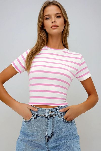 VAGGON Women's Pink Crew Neck Half Sleeve Striped Crop Blouse Prmx13348