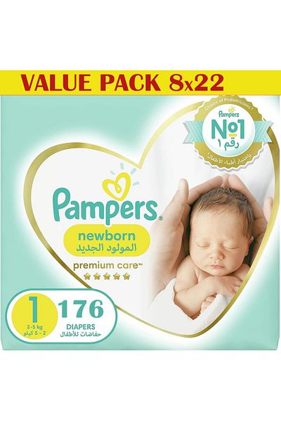 Pampers Premium Care Newborn Taped Diapers, Size 1, 176 Count