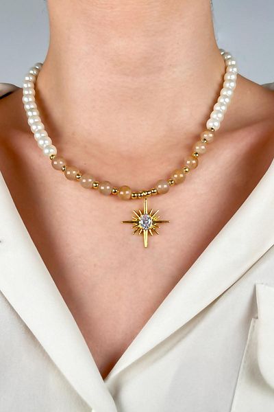 Sose Moda Pearl and Bead Necklace with Polar Star End - Mink